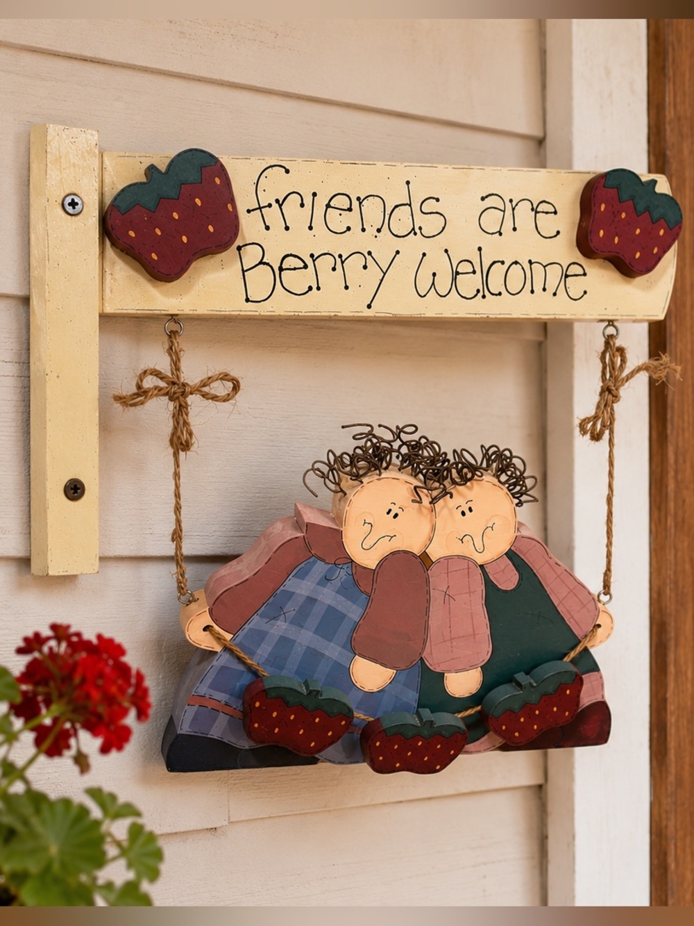 Country Wooden “Friends Are Berry Welcome” Hanging Wall Sign